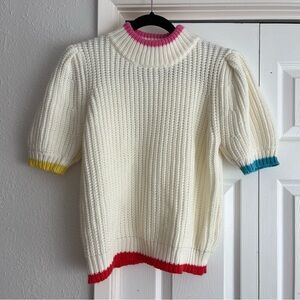 Like-new English Factory White Pink Colorcblock Trim Short Sleeve Sweater